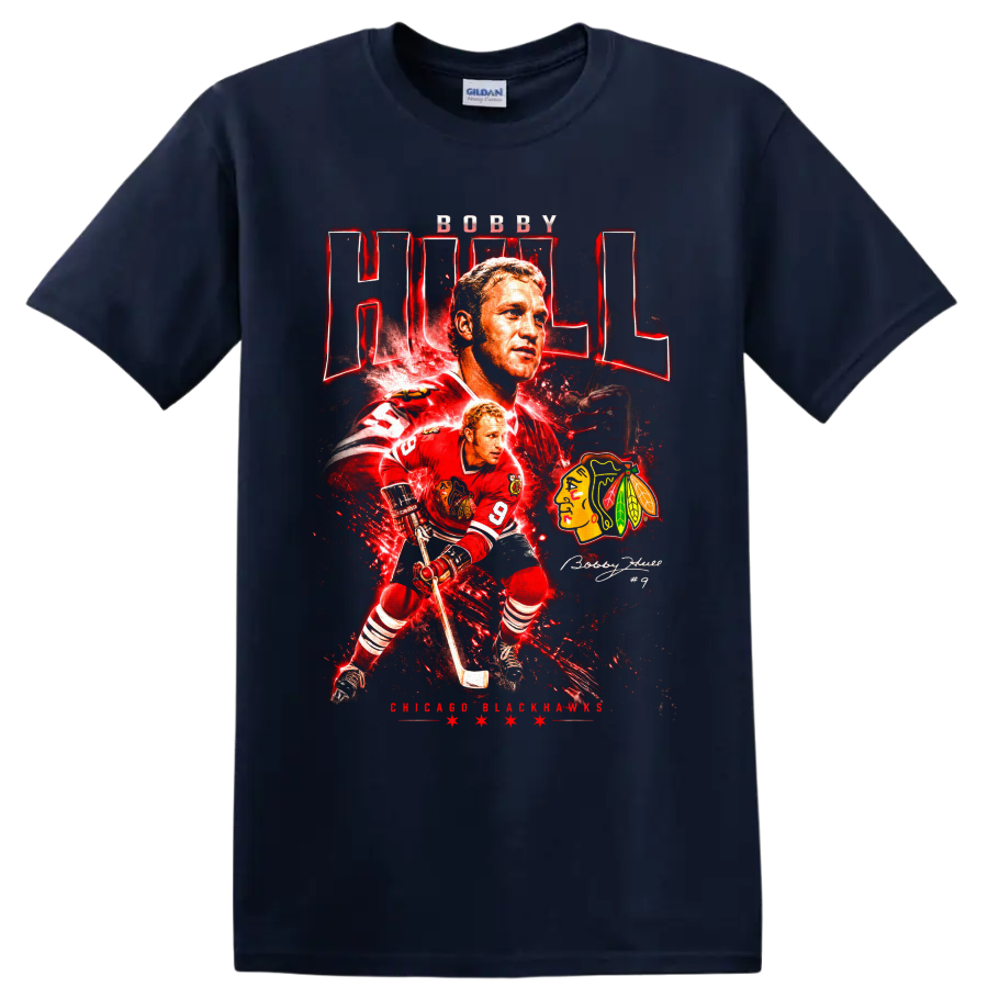 Bobby Hull Chicago Blackhawks number 9 hockey collage with red vintage graphic effects on a Navy (Blue) T Shirt