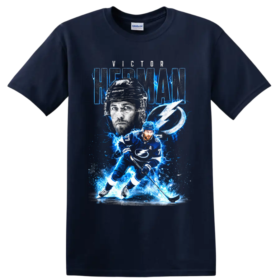 Victor Hedman Tampa Bay hockey player graphic with number 77 and electric blue lightning on a Navy (Blue) T Shirt
