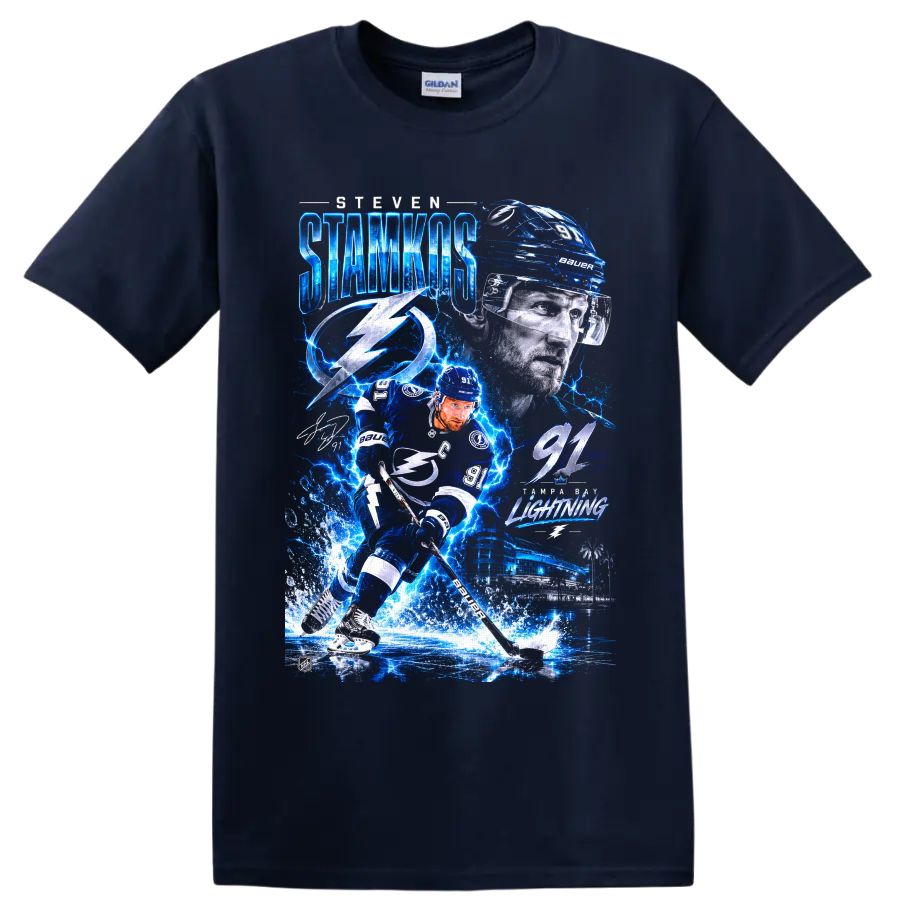 Steven Stamkos Tampa Bay Lightning number 91 electric hockey collage graphic on a Navy (Blue) T Shirt
