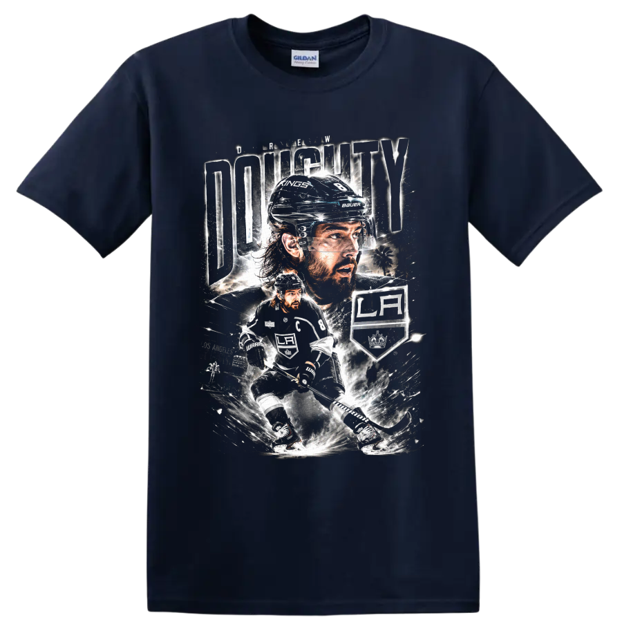 Drew Doughty Los Angeles Kings hockey portrait and skating action graphic on a Navy (Blue) T Shirt