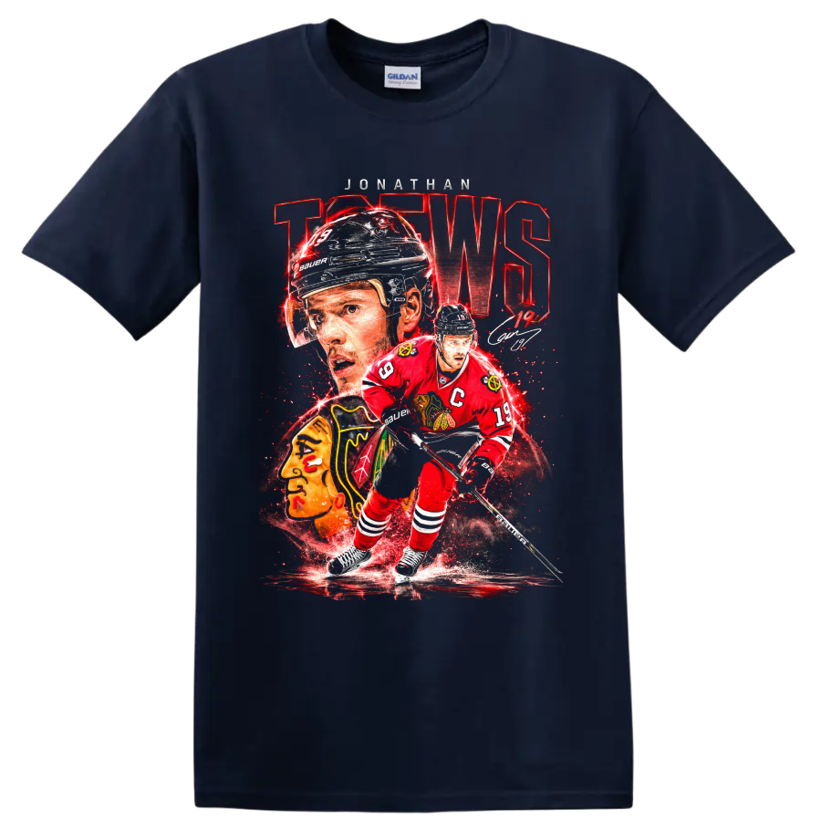 Jonathan Toews Blackhawks number 19 hockey collage with captain jersey and autograph on a Navy (Blue) T Shirt