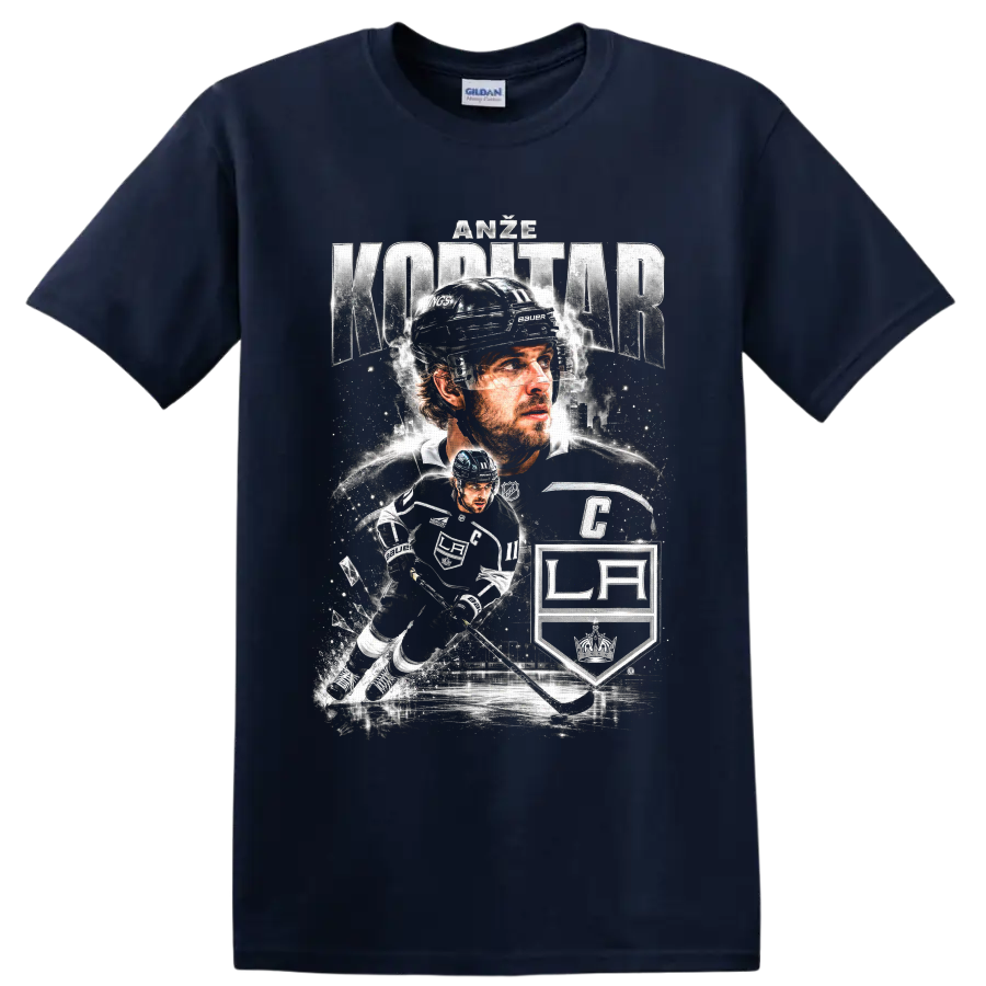Anze Kopitar Los Angeles Kings captain hockey collage with LA shield and action art on a Navy (Blue) T Shirt