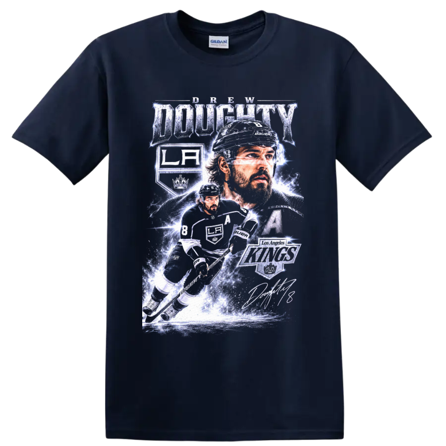 Drew Doughty Los Angeles Kings hockey action collage with number 8 and captain’s A on a Navy (Blue) T Shirt