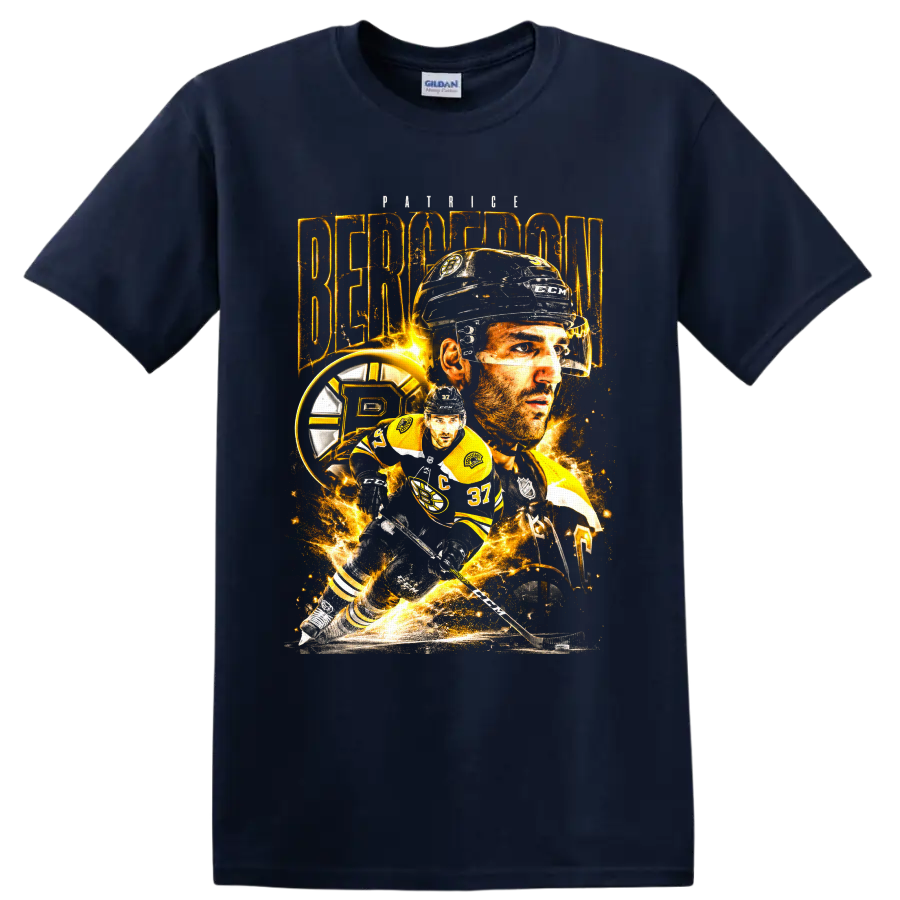 Patrice Bergeron Boston Bruins hockey player collage with gold sparks and action pose on a Navy (Blue) T Shirt