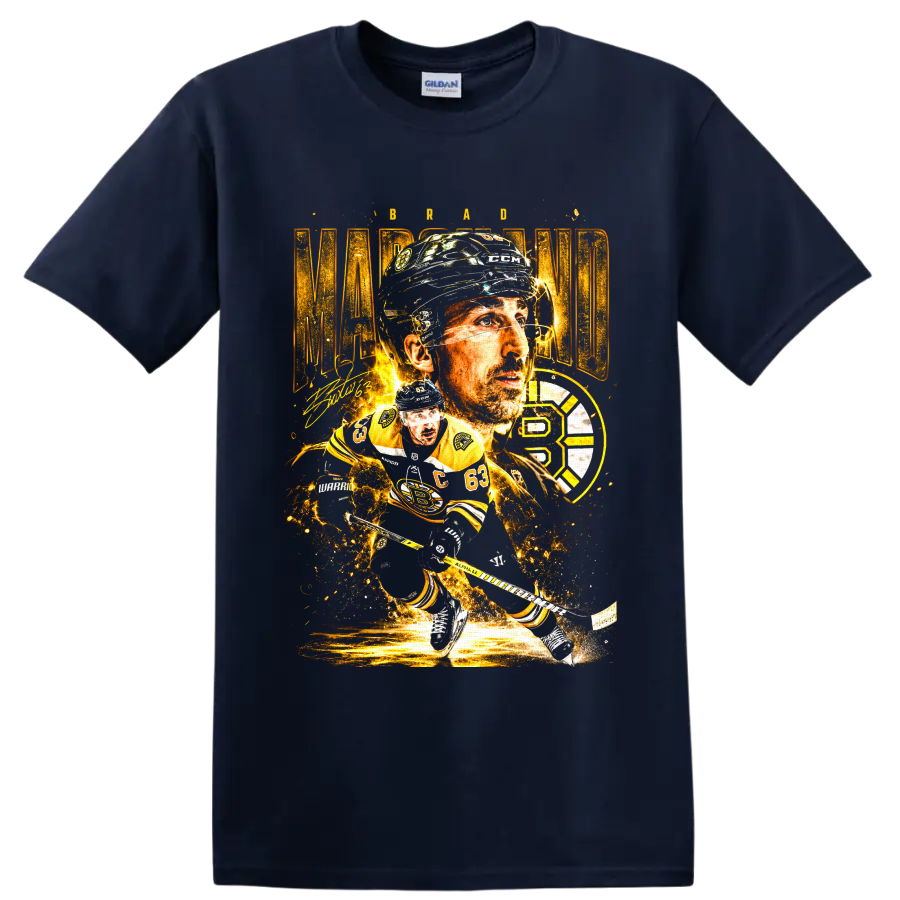 Brad Marchand number 63 hockey portrait and action collage with gold Bruins-style emblem on a Navy (Blue) T Shirt
