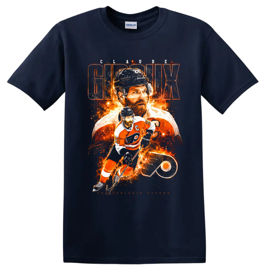 Claude Giroux Flyers hockey collage with fiery action art and Giroux lettering on a Navy (Blue) T Shirt