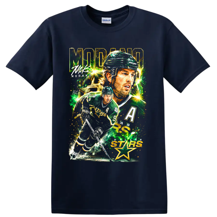 Mike Modano Dallas Stars hockey collage graphic with number 9 and star imagery on a Navy (Blue) T Shirt