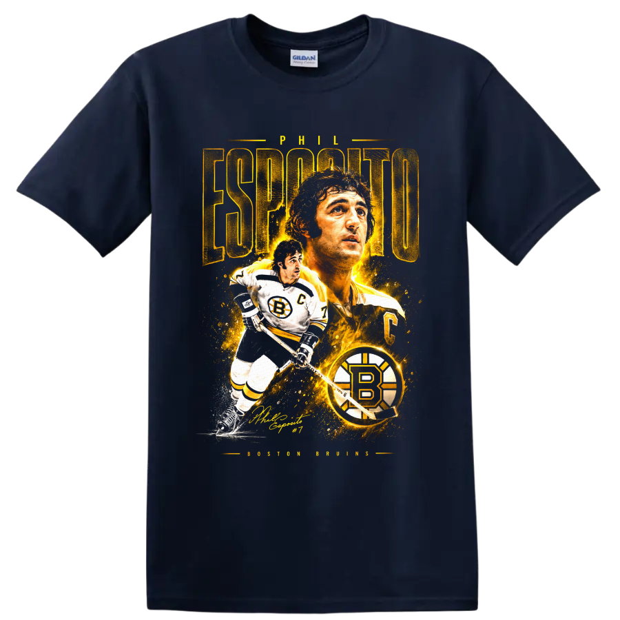 Phil Esposito Boston Bruins gold portrait and skating hockey graphic with number 7 on a Navy (Blue) T Shirt