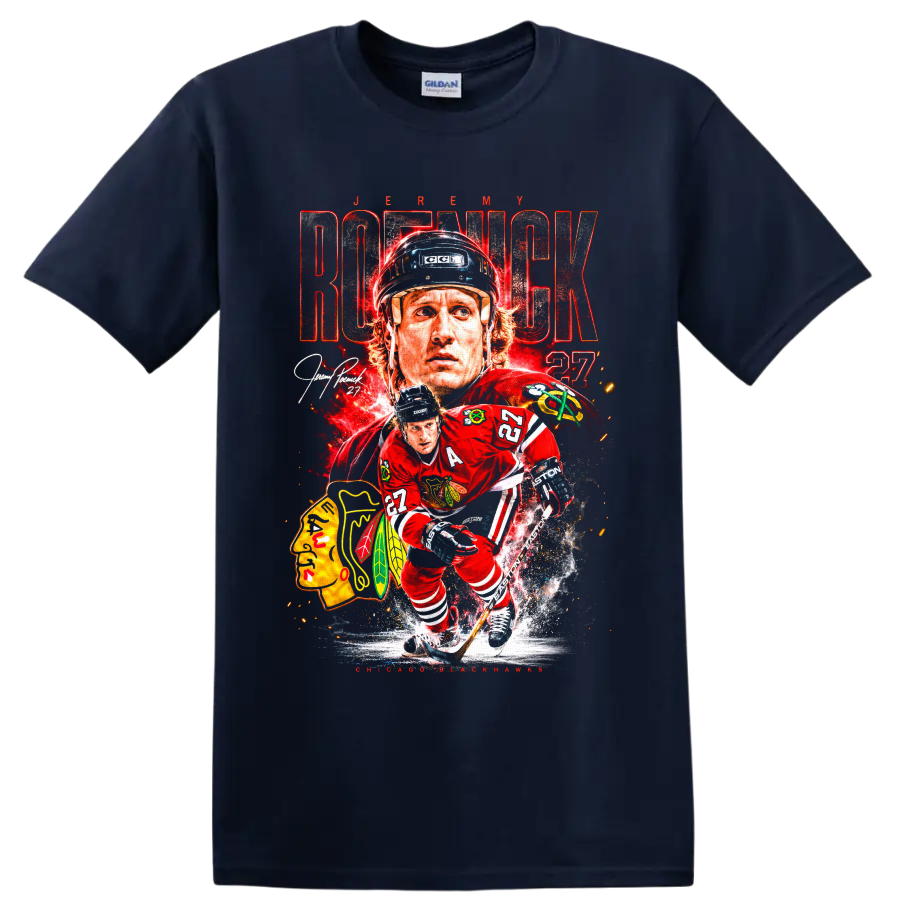 Jeremy Roenick Chicago Blackhawks hockey player collage with distressed ROENICK lettering on a Navy (Blue) T Shirt