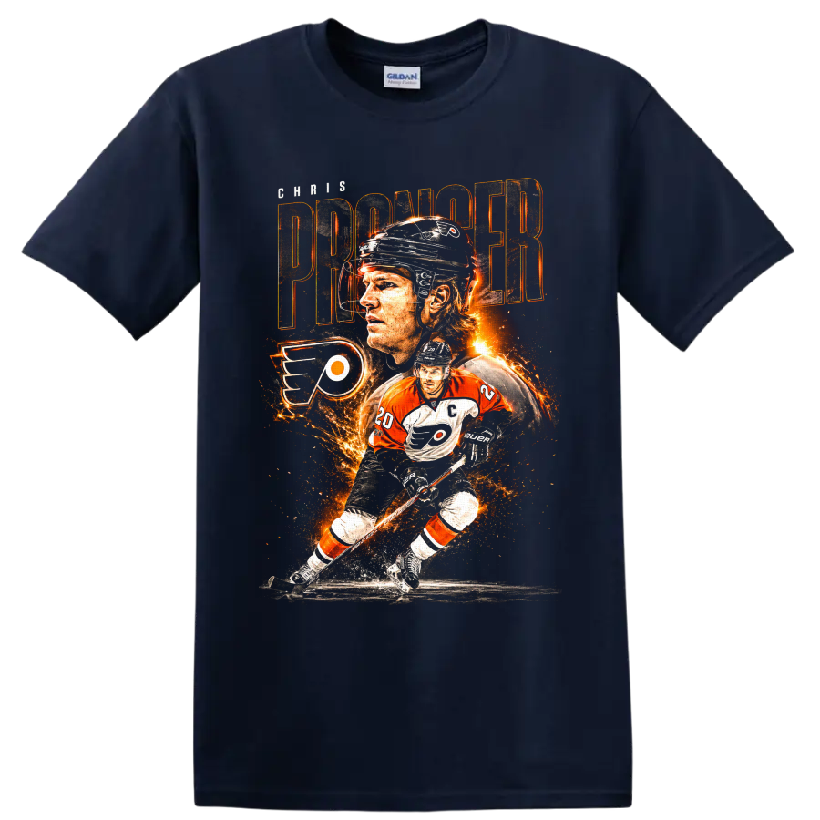 Chris Pronger Philadelphia Flyers hockey collage with fiery action artwork on a Navy (Blue) T Shirt