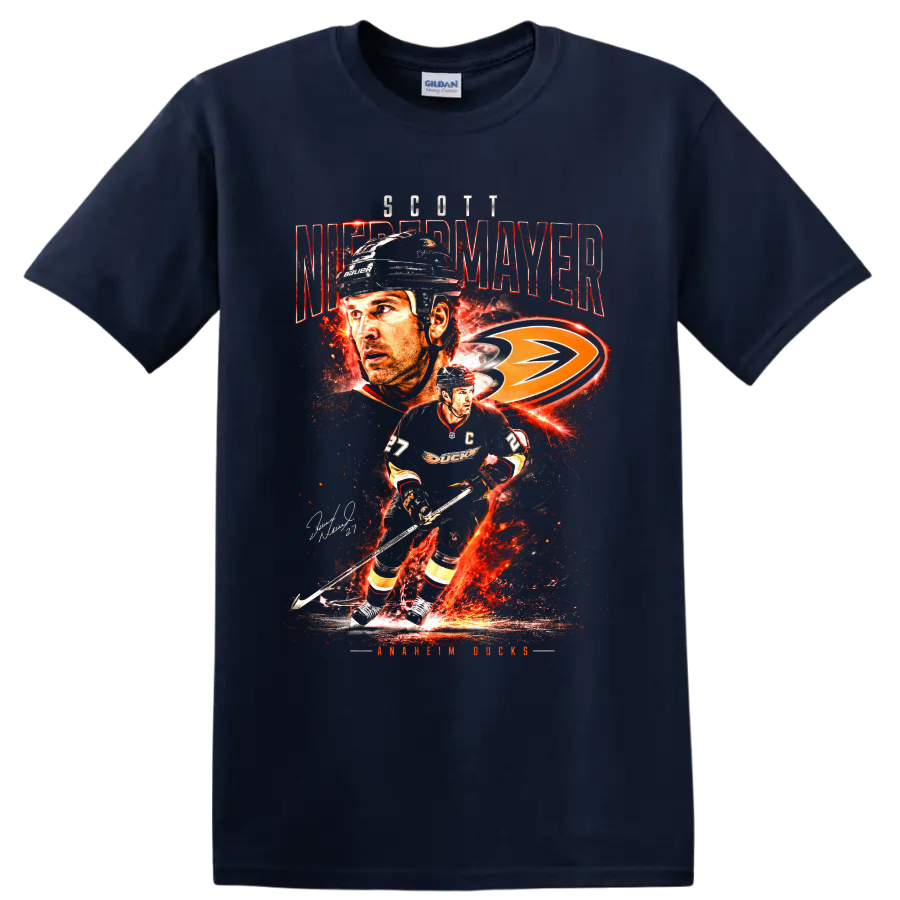 Scott Niedermayer Anaheim Ducks fiery hockey collage with captain jersey and team logo on a Navy (Blue) T Shirt