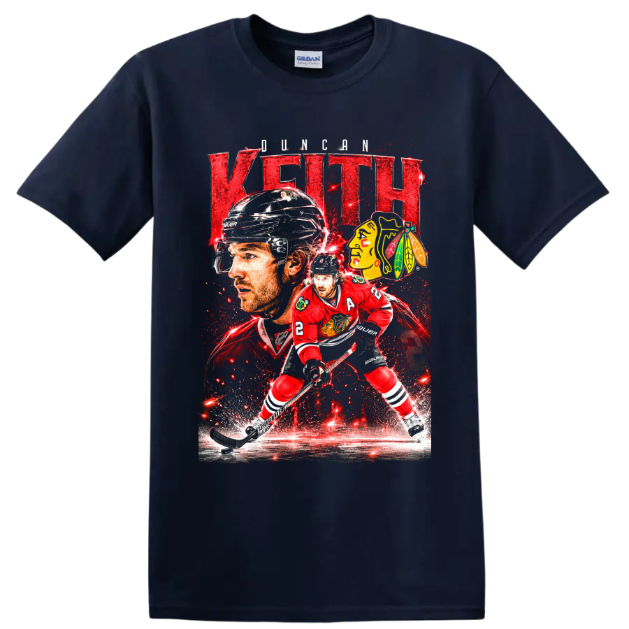 Duncan Keith Chicago Blackhawks hockey action collage with bold name text and team logo on a Navy (Blue) T Shirt