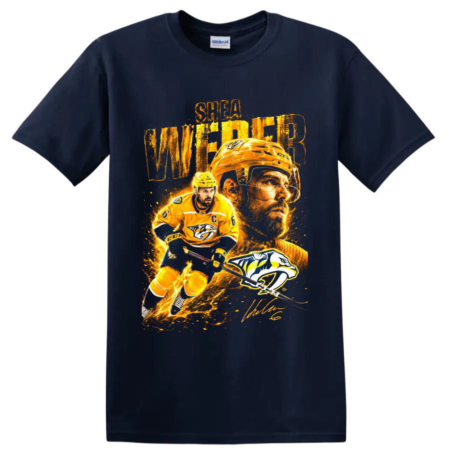 Shea Weber Nashville Predators hockey collage with player portrait, action pose, and team on a Navy (Blue) T Shirt