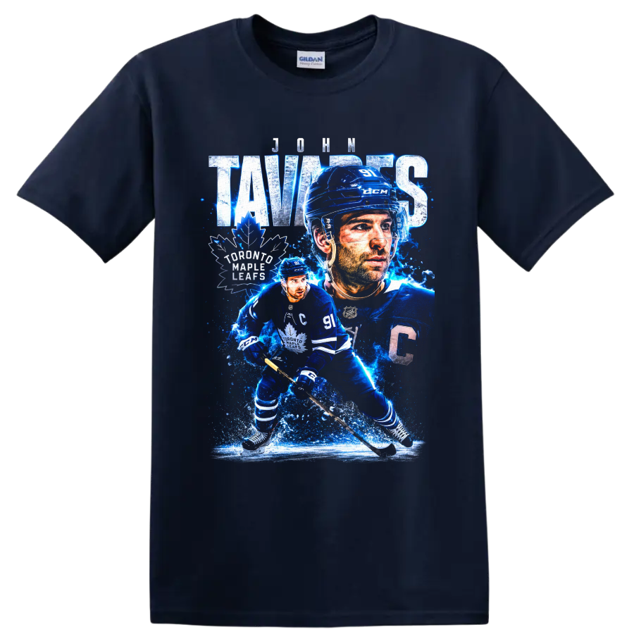 John Tavares Toronto Maple Leafs captain hockey collage with icy blue action art on a Navy (Blue) T Shirt