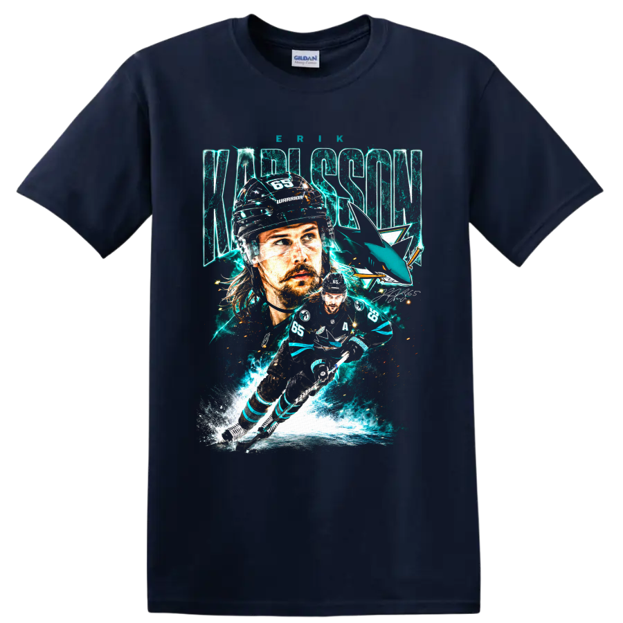Erik Karlsson No. 65 San Jose Sharks hockey portrait and action collage graphic on a Navy (Blue) T Shirt