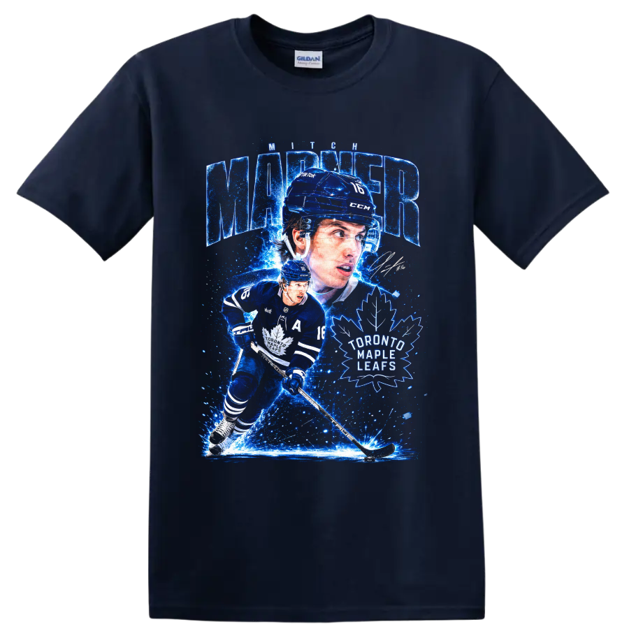 Mitch Marner Toronto Maple Leafs electric-blue hockey action graphic with number 16 on a Navy (Blue) T Shirt