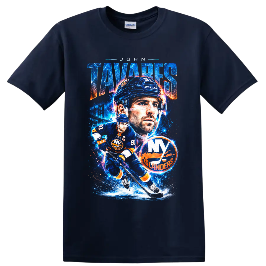 John Tavares New York Islanders cosmic hockey collage with number 91 on a Navy (Blue) T Shirt
