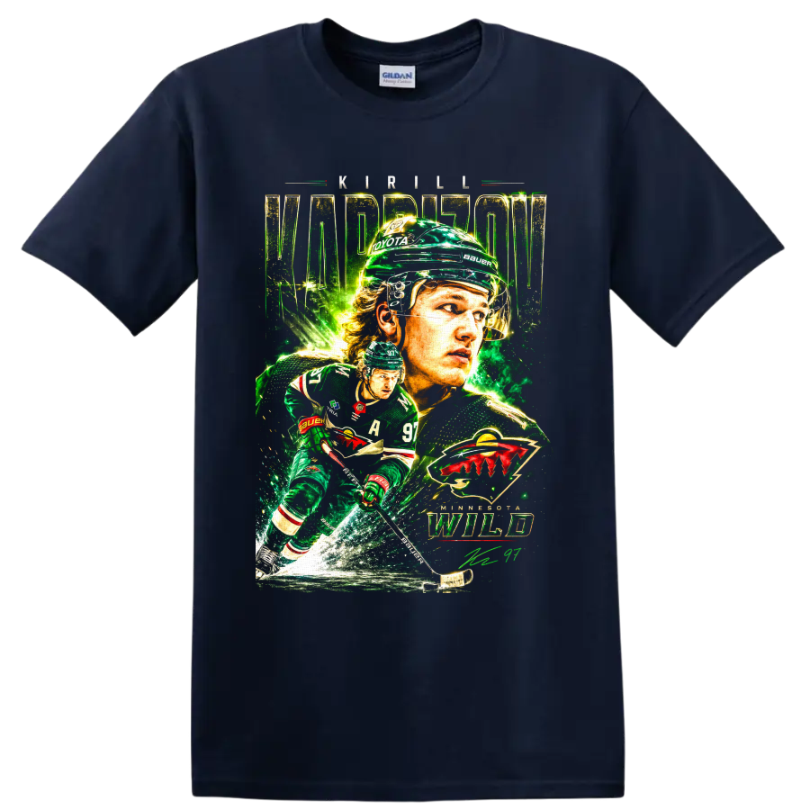 Kirill Kaprizov Minnesota Wild hockey portrait graphic with action player and team emblem on a Navy (Blue) T Shirt