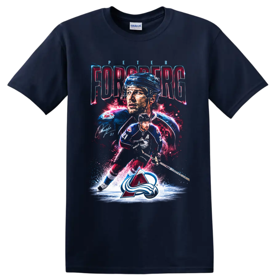 Peter Forsberg Colorado Avalanche hockey collage with PETER FORSBERG text and number 21 on a Navy (Blue) T Shirt
