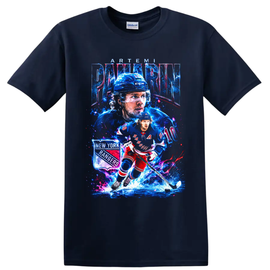 Artemi Panarin New York Rangers hockey action graphic with number 10 and ice effects on a Navy (Blue) T Shirt