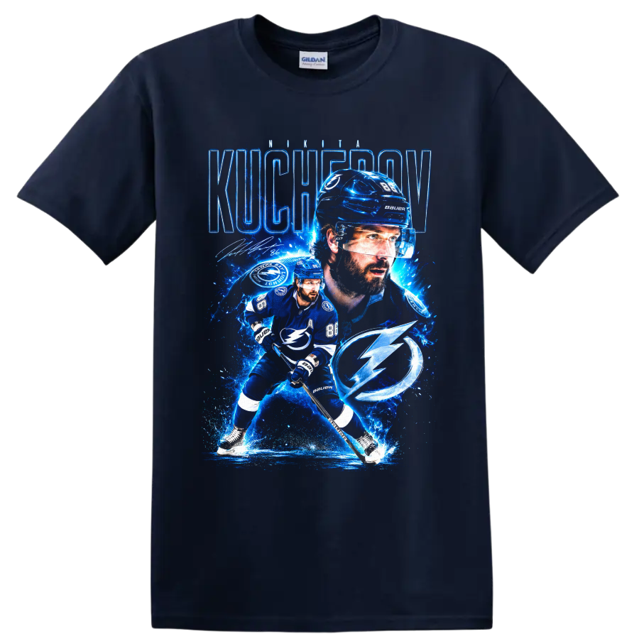 Nikita Kucherov Tampa Bay Lightning electric blue hockey portrait and action graphic on a Navy (Blue) T Shirt