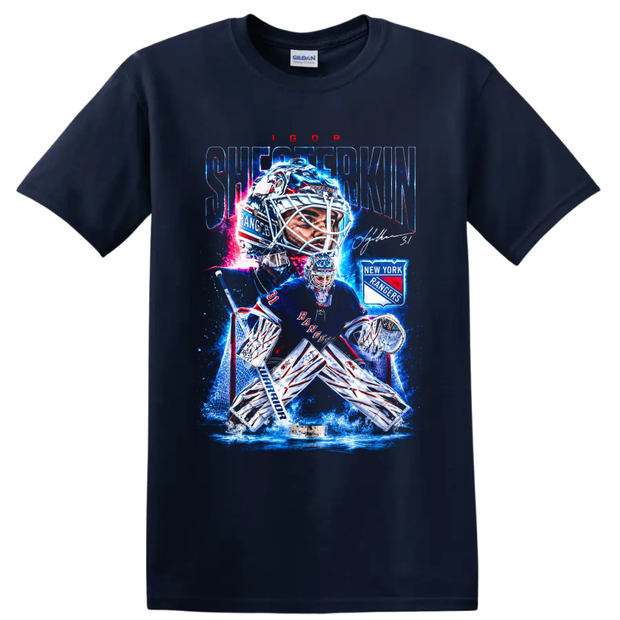 Igor Shesterkin New York Rangers goalie graphic with rink action and team crest on a Navy (Blue) T Shirt