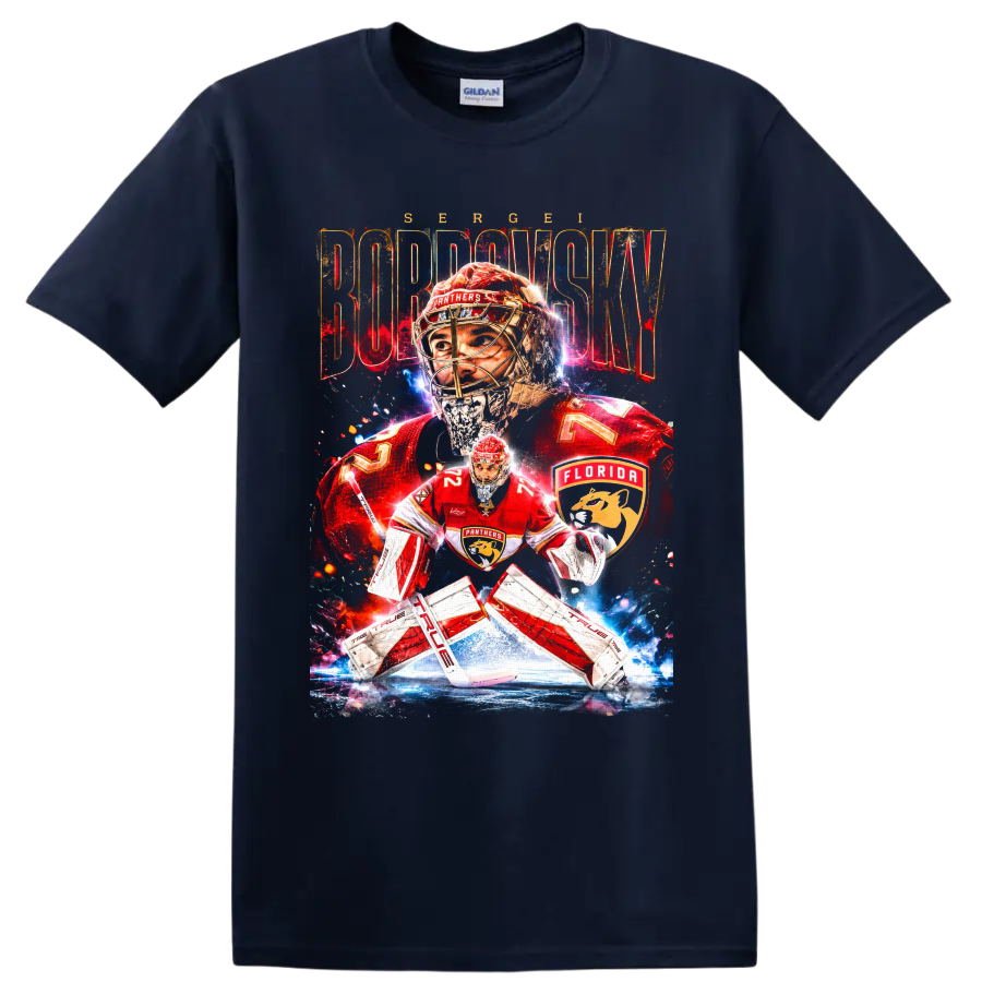 Sergei Bobrovsky Florida Panthers goaltender graphic with distressed name lettering on a Navy (Blue) T Shirt