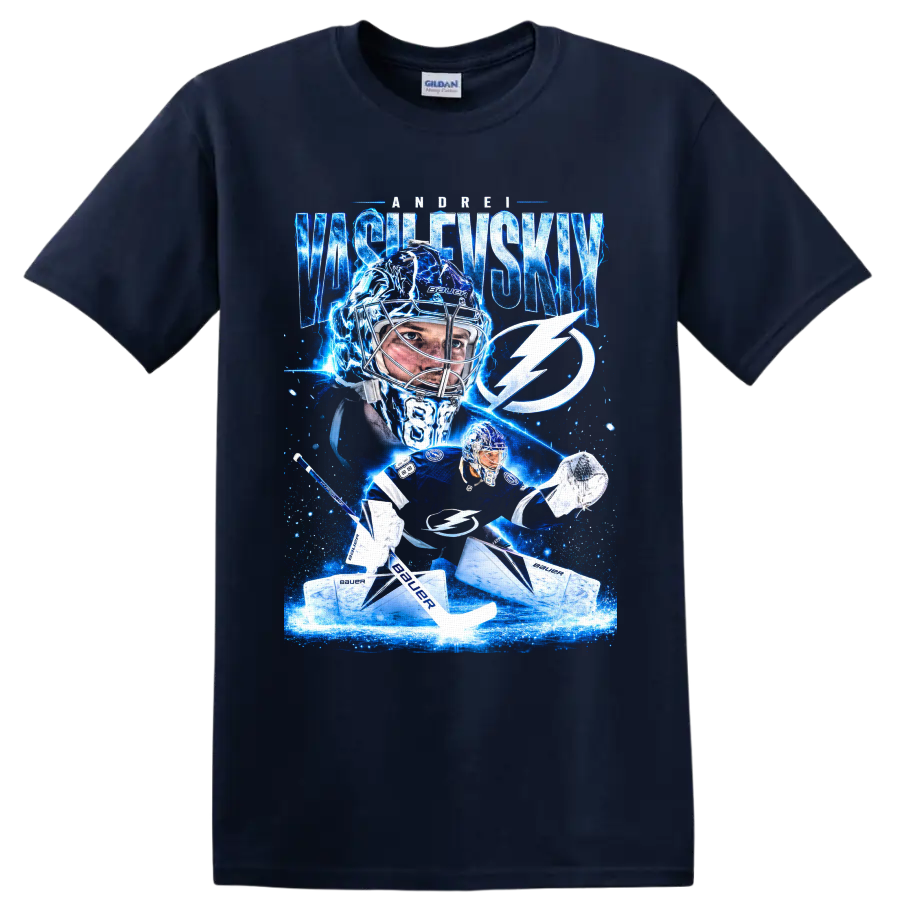 Andrei Vasilevskiy Tampa Bay Lightning goalie graphic with electric blue ice effects on a Navy (Blue) T Shirt