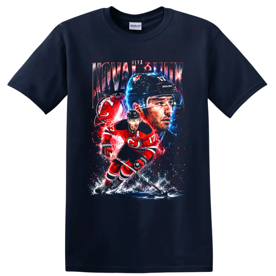 Ilya Kovalchuk New Jersey Devils electric hockey portrait and skating action art on a Navy (Blue) T Shirt