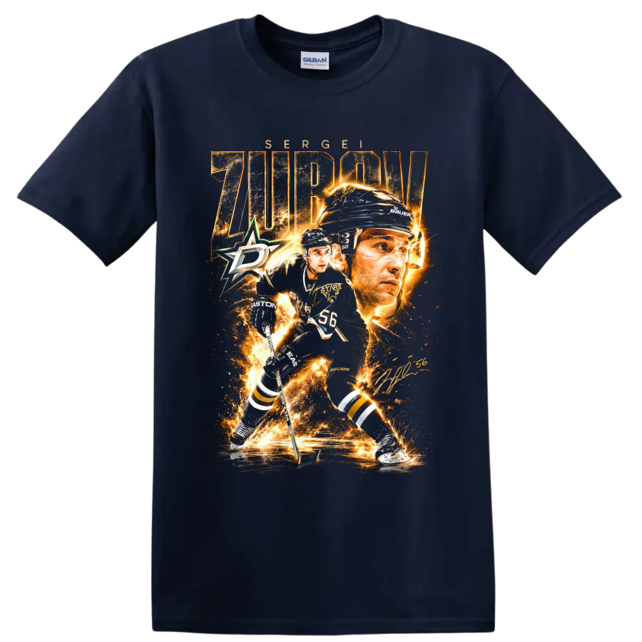 Sergei Zubov Dallas Stars hockey action portrait graphic with number 56 on a Navy (Blue) T Shirt