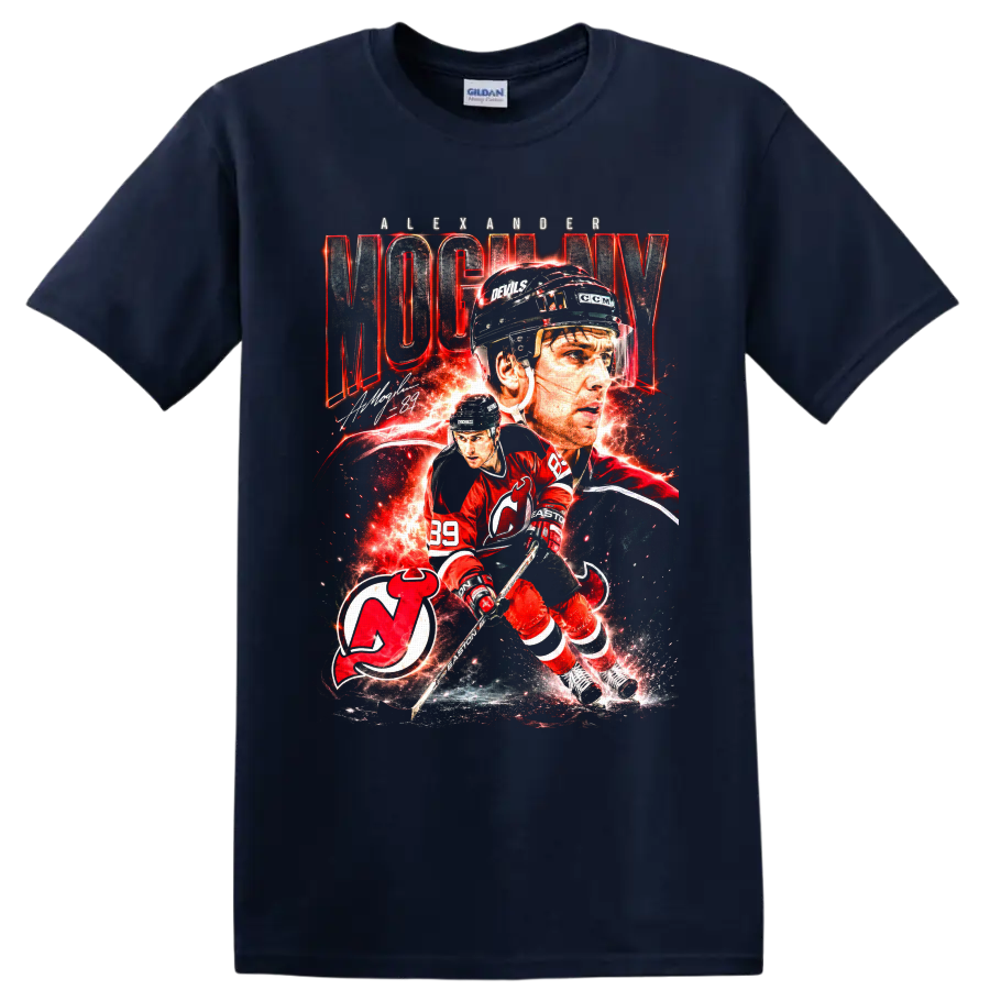 Alexander Mogilny New Jersey Devils hockey collage with number 89 and team logo on a Navy (Blue) T Shirt