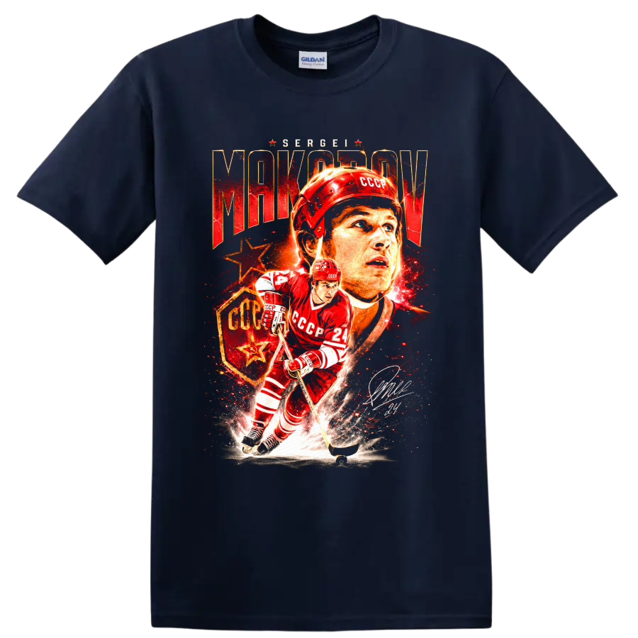 Sergei Makarov CCCP hockey portrait and number 24 action graphic on a Navy (Blue) T Shirt