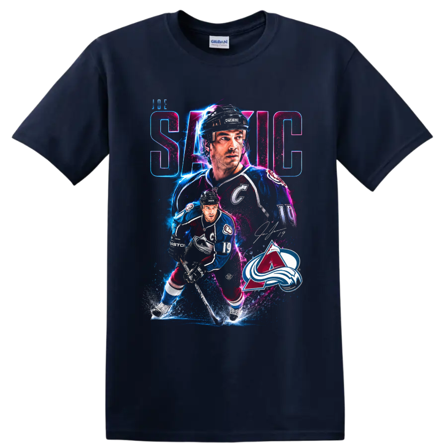 Joe Sakic Colorado Avalanche hockey collage with neon action effects and number 19 on a Navy (Blue) T Shirt