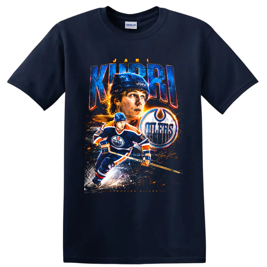 Jari Kurri Edmonton Oilers vintage-style hockey collage with team logo and signature on a Navy (Blue) T Shirt