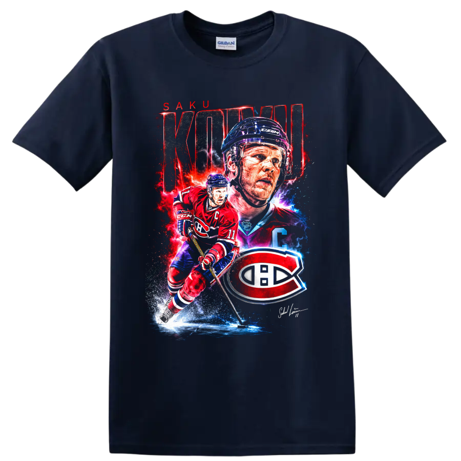 Saku Koivu Canadiens hockey graphic with action pose, portrait, KOIVU text and team emblem on a Navy (Blue) T Shirt