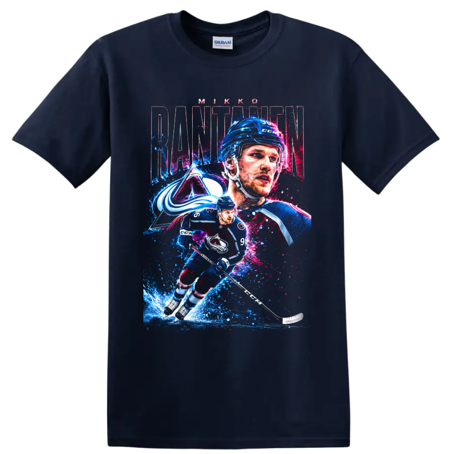 Mikko Rantanen Colorado Avalanche action hockey graphic with number 96 on a Navy (Blue) T Shirt