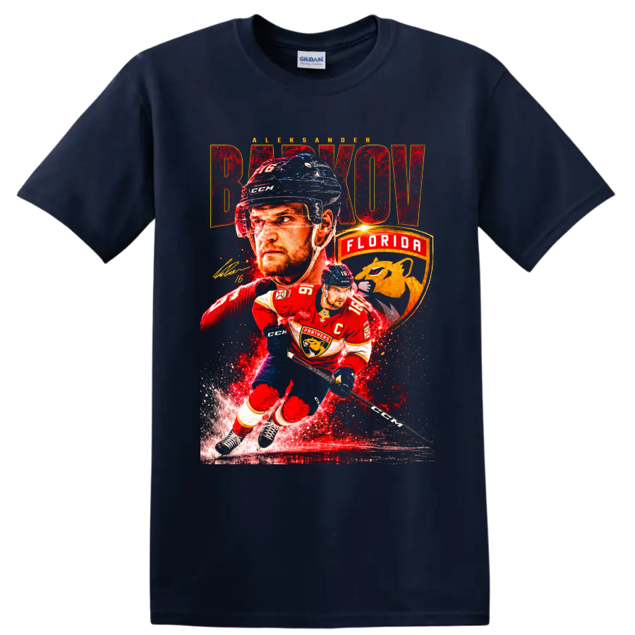 Aleksander Barkov Florida Panthers captain hockey collage with bold BARKOV lettering on a Navy (Blue) T Shirt