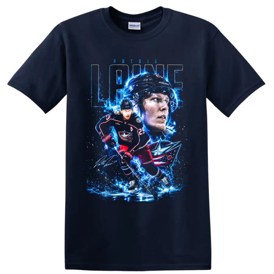 Patrik Laine Blue Jackets electric ice hockey portrait and action graphic on a Navy (Blue) T Shirt