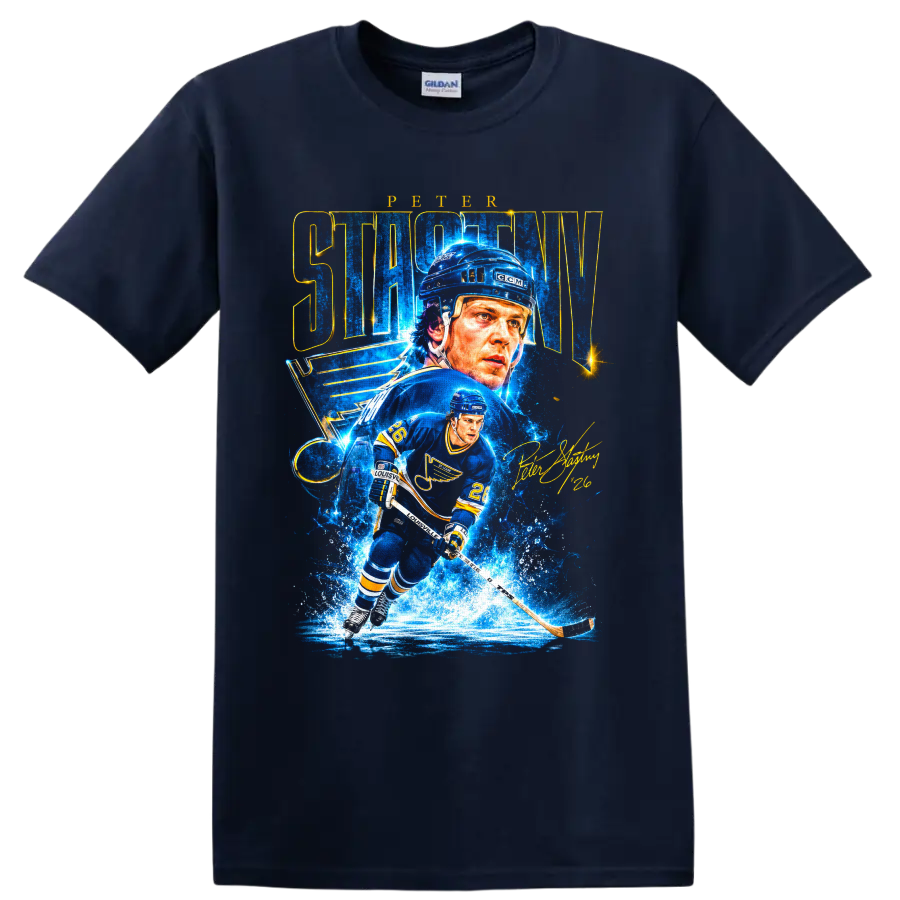 Peter Stastny St. Louis Blues hockey portrait and skating action graphic with #26 on a Navy (Blue) T Shirt