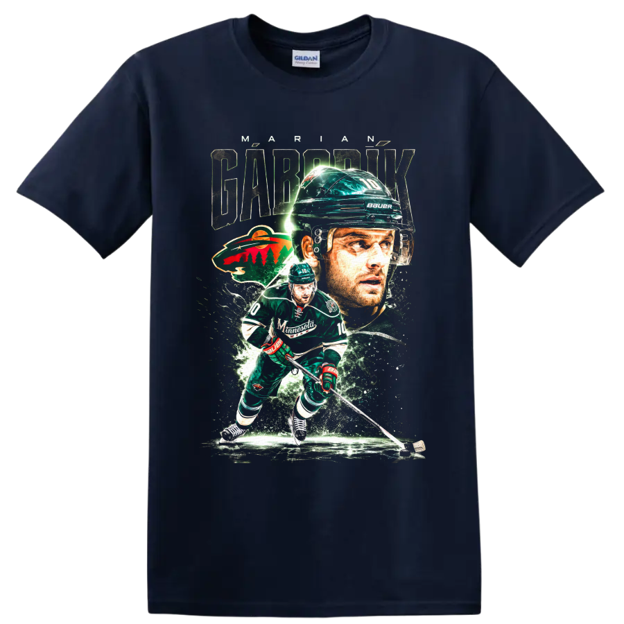 Marian Gaborik Minnesota Wild hockey action collage graphic with number 10 on a Navy (Blue) T Shirt