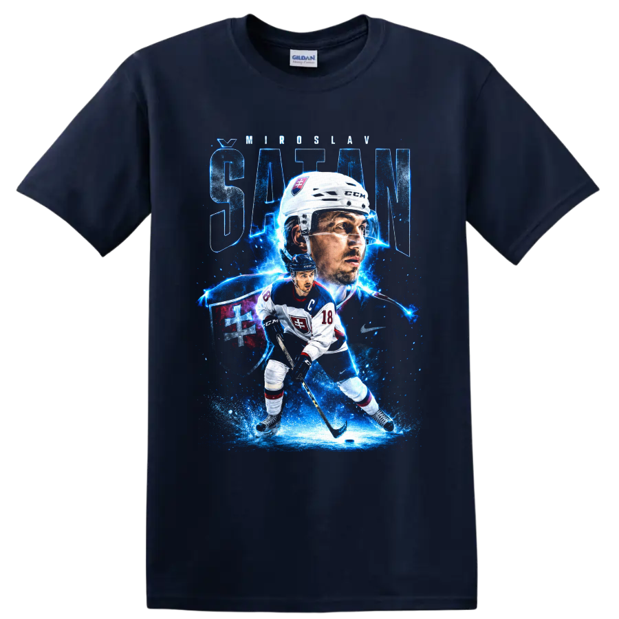 Miroslav Satan Slovakia hockey captain 18 electric blue graphic print on a Navy (Blue) T Shirt