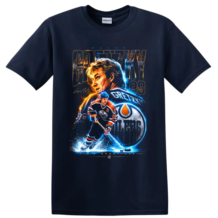 Wayne Gretzky Oilers 99 hockey collage with action art and The Great One text on a Navy (Blue) T Shirt