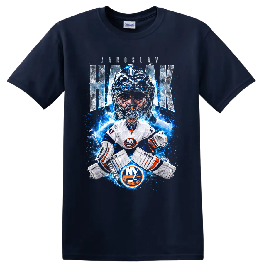 Jaroslav Halak New York Islanders goalie graphic with lightning and distressed name text on a Navy (Blue) T Shirt