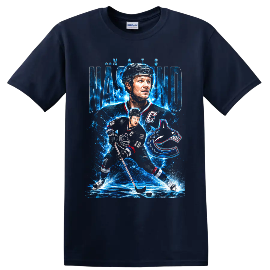 Markus Naslund hockey portrait and action graphic with icy blue Canucks-inspired design on a Navy (Blue) T Shirt