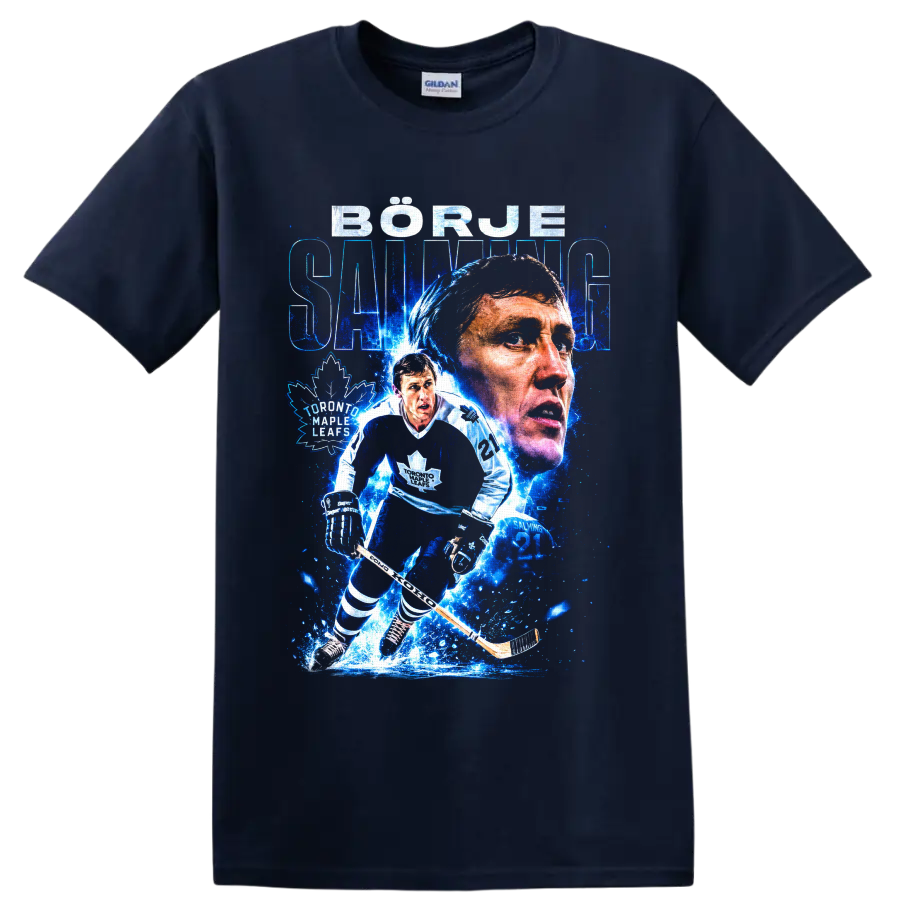 Börje Salming Toronto Maple Leafs hockey tribute with portrait and skating action on a Navy (Blue) T Shirt