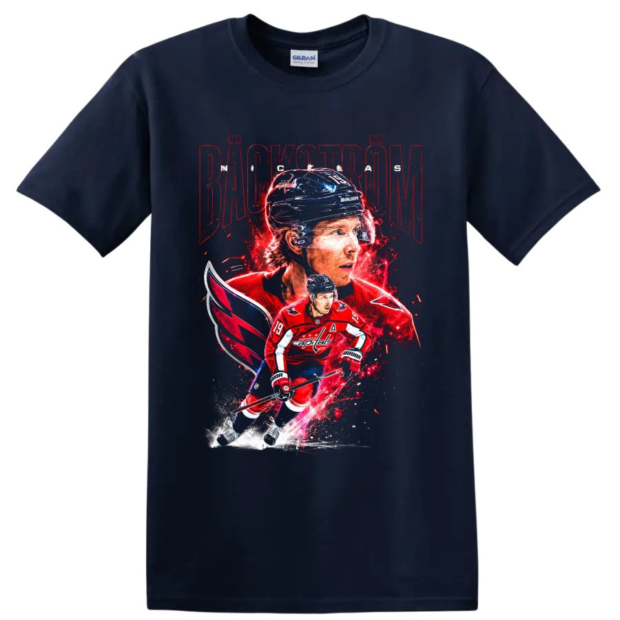 Nicklas Backstrom Washington Capitals hockey portrait and skating action graphic on a Navy (Blue) T Shirt
