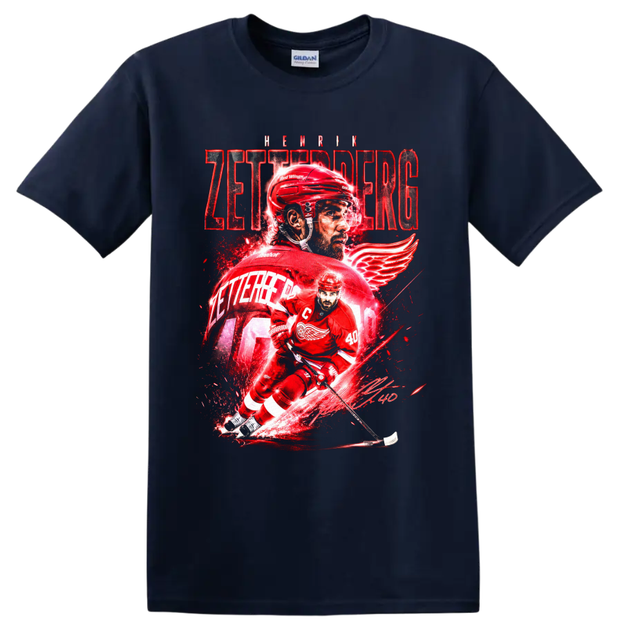 Henrik Zetterberg Red Wings number 40 hockey action graphic with bold red lettering on a Navy (Blue) T Shirt