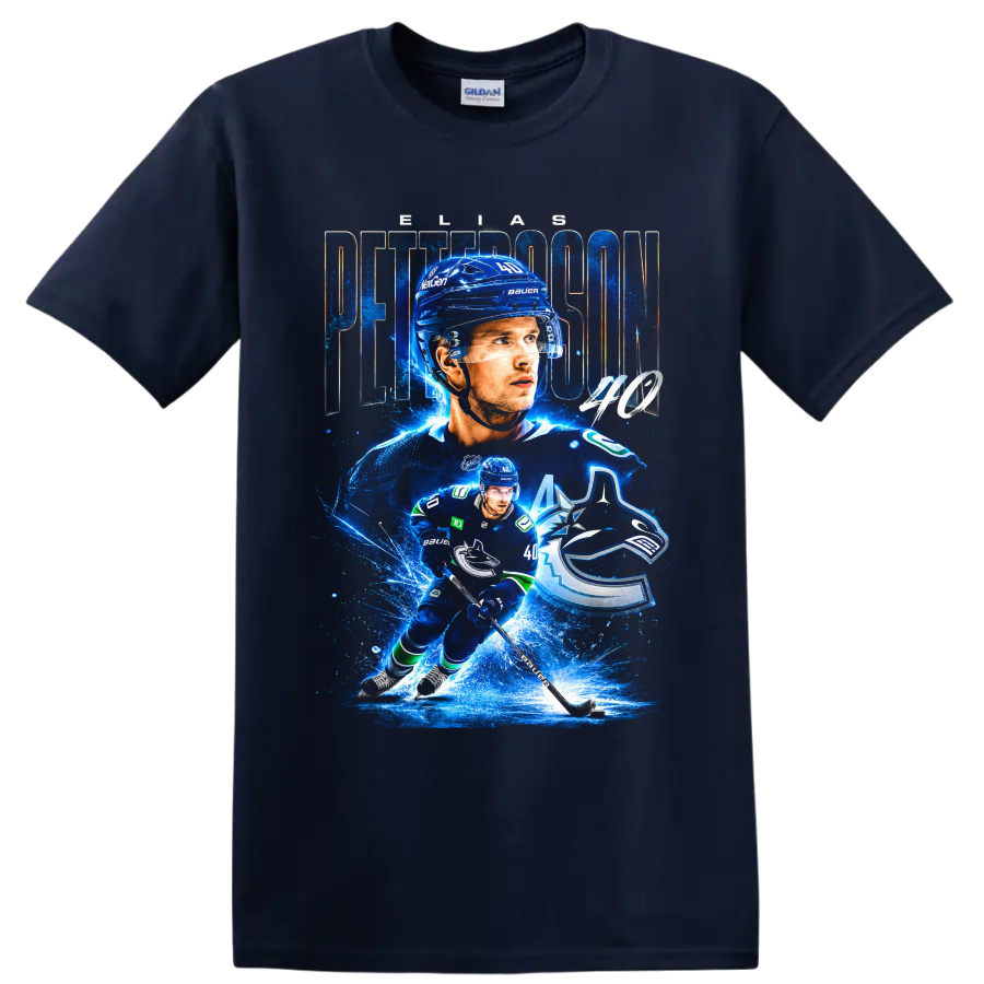Elias Pettersson Vancouver Canucks blue hockey collage with number 40 and team logo on a Navy (Blue) T Shirt