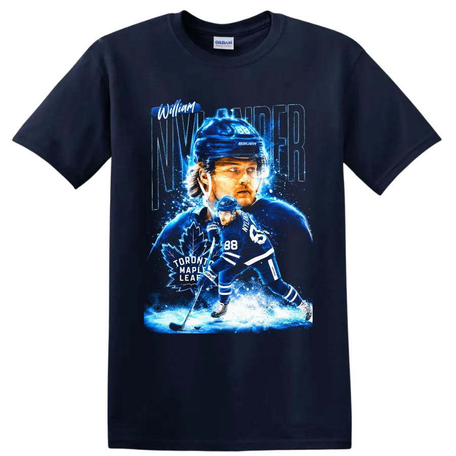 William Nylander Toronto Maple Leafs number 88 electric blue hockey graphic on a Navy (Blue) T Shirt