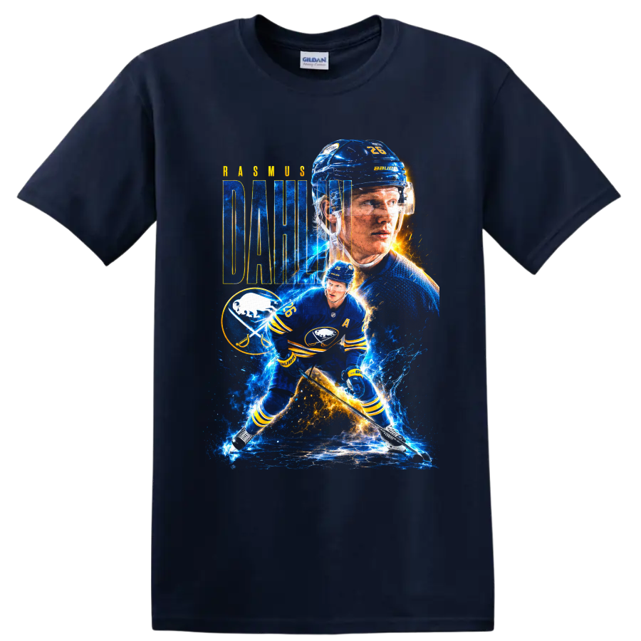 Rasmus Dahlin Buffalo Sabres hockey collage with bold name lettering and electric ice on a Navy (Blue) T Shirt